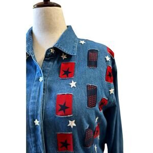 Vintage Denim Patriotic Patchwork Top Embellished Shirt Size XL Stars Jacket USA